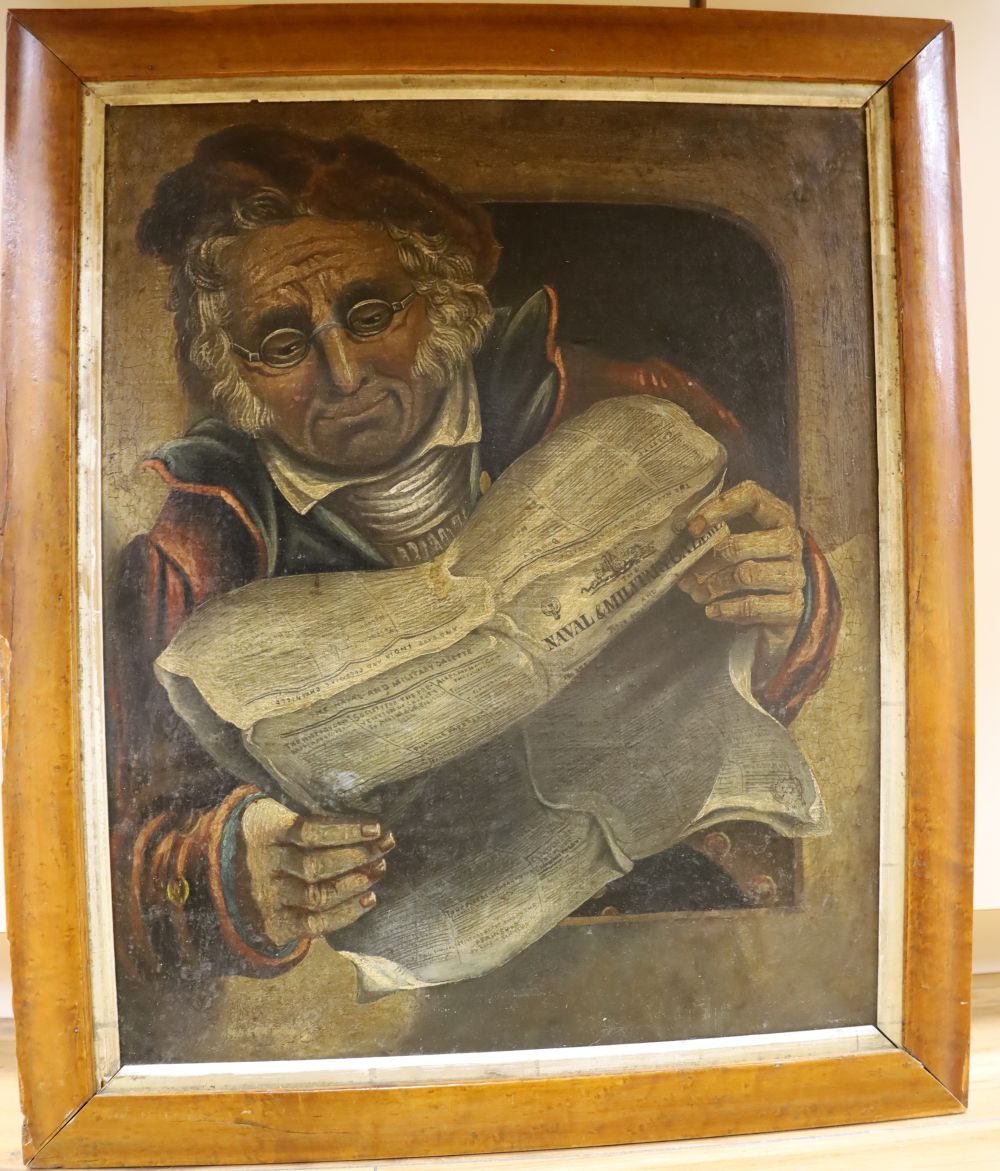 20th century English School, oil on canvas, Sailor reading the Naval and Military Gazette, 53 x 43cm